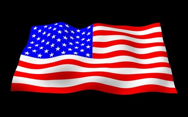 Waving flag of the United States of America on a dark background. Stars and Stripes. State symbol of the USA. 3D illustration