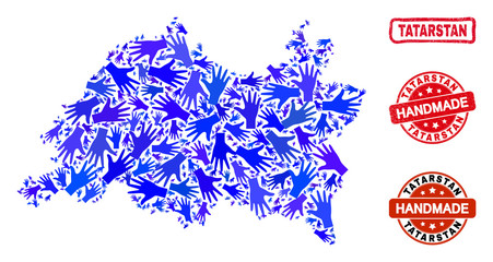Vector handmade composition of Tatarstan map and rubber stamp seals. Mosaic Tatarstan map is done with scattered blue hands. Rounded and crooked red watermarks with grunge rubber texture.