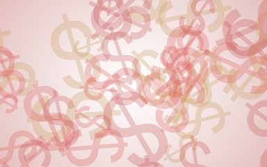 Multicolored translucent dollar signs on white background. Red tones. 3D illustration