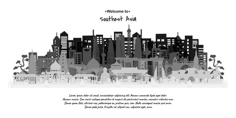 Fototapeta premium Southeast Asia Landmarks Travel postcard, poster, tour advertising of world famous landmarks. Vectors illustrations