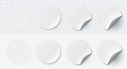 Mockup realistic paper round stickers white colors with curved corner and shadow. White round sticker on a transparent background. Vector illustration EPS10 - obrazy, fototapety, plakaty