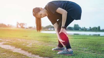 Calf leg injury accident in sport exercise running jogging.sprain or cramp Overtrained injured...