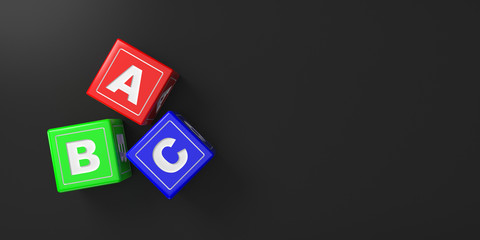 ABC toy blocks or cubes with red, green and blue colors on black background. 3D illustration