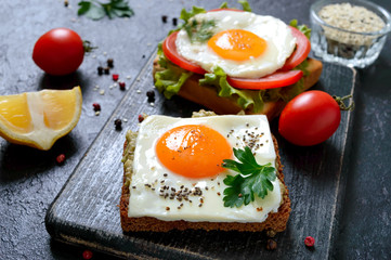 Fototapeta na wymiar Rye toasts with mashed avocado, fried egg, fresh tomato, herbs. Tasty breakfast. Proper nutrition. Sandwich with egg.