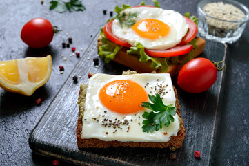 Rye toasts with mashed avocado, fried egg, fresh tomato, herbs. Tasty breakfast. Proper nutrition. Sandwich with egg.