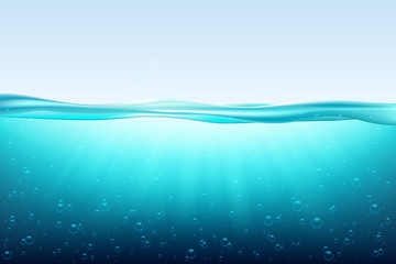 Blue sea wave water surface, fresh ocean underwater.  under surface sea, clean natural view bottom pool with sun rays. 