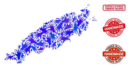 Vector handmade composition of Tobago Island map and rubber stamp seals. Mosaic Tobago Island map is constructed with scattered blue hands.