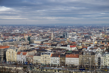 Aerial view on Budapest roofs at cold day. Hungary