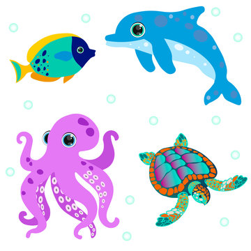 Underwater creatures.Dolphin,octopus, turtle, fish. Perfect for invitations,party decorations,printable,craft project,greeting cards,blogs