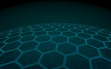 Multilayer sphere of honeycombs, green on a dark background, social network, computer network, technology, global network. 3D illustration