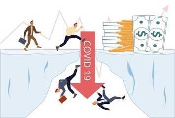 Financial crisis money loss coronavirus depression. Red downward arrow follow in cliff abyss, finance curve, businessman running for money stack. Failure recession investment risk, debt decrease