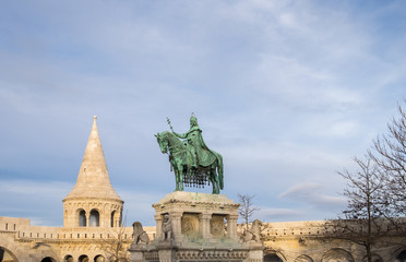 Fototapeta na wymiar A statue of Saint Stephen, the first king of Hungary at of Fisherman's Bastion in Buda Castle in Budapest, Hungary.