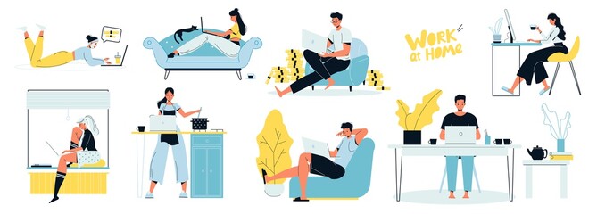 People freelancer working on laptop at home scenes set. Man woman programmer, software developer, designer sitting on sofa, armchair, cooking, at table indoor work. Remote business, comfort workplace