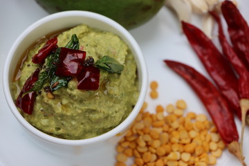 Green mango chutney, raw mango chutney, Indian chutney prepared from unripe mangoes, tangy and sour