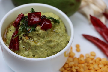 Green mango chutney, raw mango chutney, Indian chutney prepared from unripe mangoes, tangy and sour