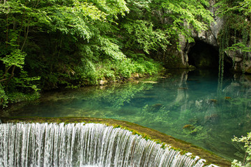 Monument of nature, spring of  river Krupaja or Krupajsko vrelo with underwater cave. Beautiful natural oasis  and tourist attraction in Eastern Serbia.