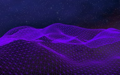 Abstract ultraviolet landscape on a dark background. Purple cyberspace grid. hi tech network. Outer space. Violet starry outer space texture. 3D illustration