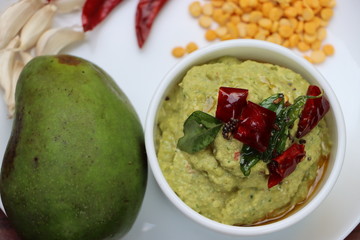 Green mango chutney, raw mango chutney, Indian chutney prepared from unripe mangoes, tangy and sour