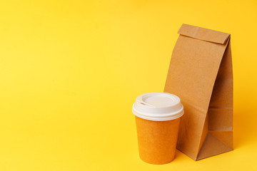 Takeaway food concept. Some packed food in container with coffee cup