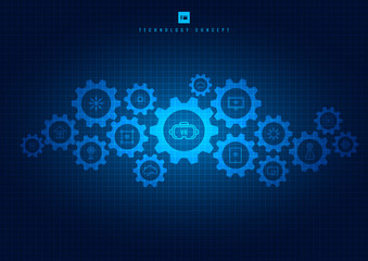 Abstract integrated gears and icons technology mechanism on glowing blue background