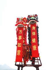 Performers in lion costumes standing on stacked benches with chinese banners hanging from the jaw