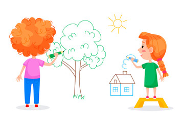 Kids characters are drawing on white walls. Children international day. Summer children activities. Vector illustrations.