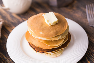 Homemade american pancakes. Healthy morning breakfast. Rustic style