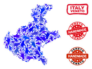 Obraz premium Vector handmade composition of Veneto region map and scratched seals. Mosaic Veneto region map is organized of randomized blue hands. Rounded and wry red seals with scratched rubber texture.
