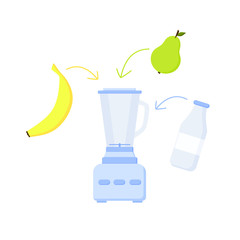 Vector illustration. Blender, milk and fruit: banana, pear. Preparing a milkshake.