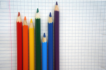 Multi-colored pencils are laid out on a checkered piece of paper, kindergarten, school or copy space for lettering