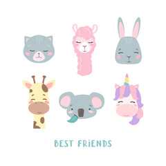 Set of vector animals in cartoon style. Cute smiley unicorn, bunny, llama, cat, giraffe and koala faces, isolated on white background with the signature Best friends. Delicate pastel colors for babies