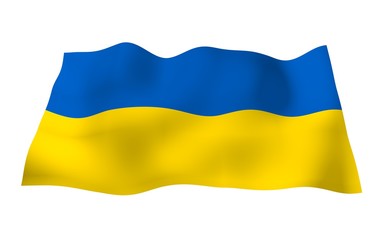 Obraz premium The flag of Ukraine on a white background. National flag and state ensign. Blue and yellow bicolour. 3D illustration waving flag