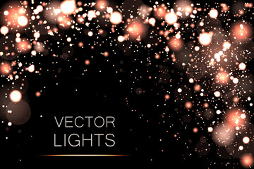 Dust white. Sparkling magical dust particles.  Shiny defocused gold bokeh lights. Festive gold background for card, flyer, invitation, placard, voucher.