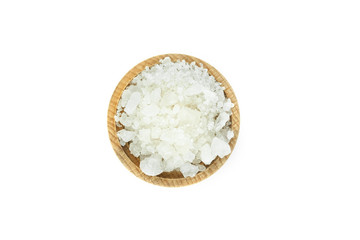 Fototapeta na wymiar White sea salt in wood bowl, close up, isolated on white background.