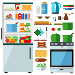 Kitchen set: household appliances, food, dishes. Vector illustration on the theme of cooking.
