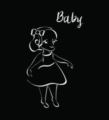 Girl, baby vector ,chalk character isolated on black background. Concept for logo, print, cards 
