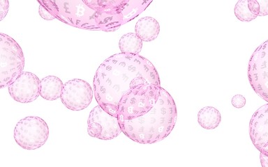 Bitcoin economic financial bubble. crypto currency 3D illustration. Business concept. Pink bubbles on white background. Bit, Coin, mining concept