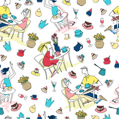 Seamless pattern made of cafe scenes and objects. Hand drawn vector illustrations on white background