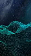 Abstract landscape on a dark background. Cyberspace grid. hi tech network. Outer space. Vertical orientation. Starry outer space texture. 3D illustration