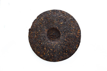 Puer tea in the form of tortillas on a white background, different varieties.
