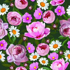 Vector seamless floral pattern with beautiful peony flowers