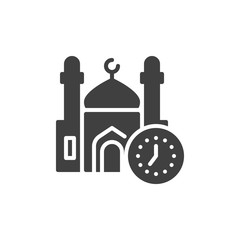 Time to pray vector icon. Ramadan kareem filled flat sign for mobile concept and web design. Mosque building and clock glyph icon. Symbol, logo illustration. Vector graphics