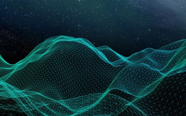 Abstract landscape on a dark background. Cyberspace grid. hi tech network. Outer space. Starry outer space texture. 3D illustration