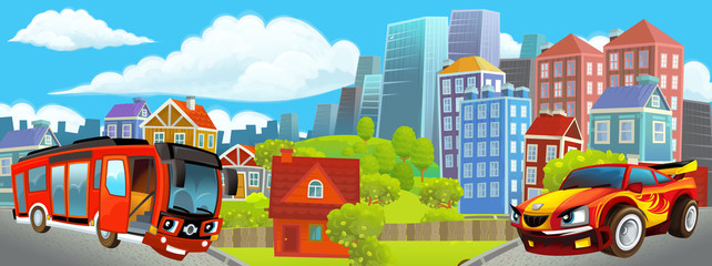 Naklejka premium cartoon happy and funny scene of the middle of a city with car driving by - illustration