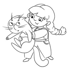 Little girl hugs a cat. Contour black and white drawing. Digital illustration