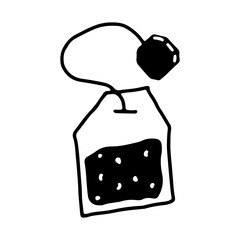 Doodle style tea bag on an isolated white background. Cooking, recipes, tools for the kitchen. Bakery set hand drawn. Stock vector illustration.