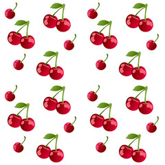 Cherry . Sour cherry. Cherries with leaves on white background. Sour cherries on white. Cherry set. Pattern cherry.