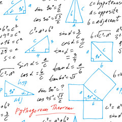 Handwritten trigonometric vector seamless pattern, hand drawn monochrome math formulas isolated on white background, mathematical, geometrical, scientific, education backdrop - obrazy, fototapety, plakaty