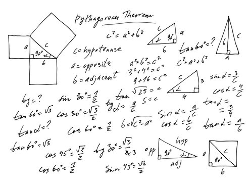 Handwritten trigonometric vector set, hand drawn monochrome math formulas isolated on white background, mathematical, geometrical, scientific, education illustration