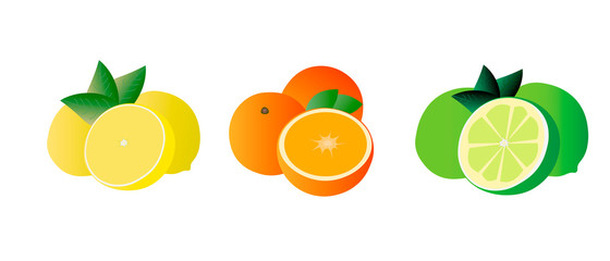 Citrus collection. Set of fresh fruit in flat design. Lime, orange and lemon, isolated on white background. Vector illustration.
